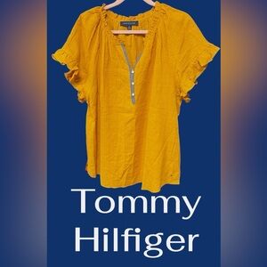 Tommy Hilfiger women’s size XL blouse gold gauze fabric short flutter sleeve $59